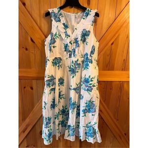 J. Crew White and Blue Sleeveless V-Neck Sundress
